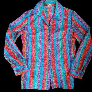 True Vintage Women's Medium Blouse 1970s Pykettes Striped Top Rainbow Swirl Mom